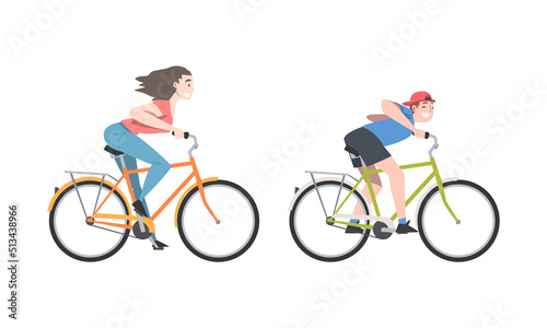 Fototapeta Naklejka Na Ścianę i Meble -  Smiling Man and Woman Riding Bicycle Enjoying Vacation or Weekend Activity Vector Illustration Set