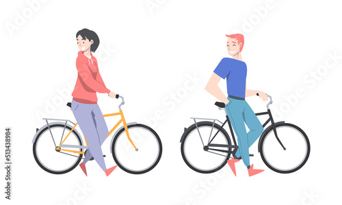 Smiling Man and Woman Standing Near Bicycle Enjoying Vacation or Weekend Activity Vector Illustration Set © topvectors