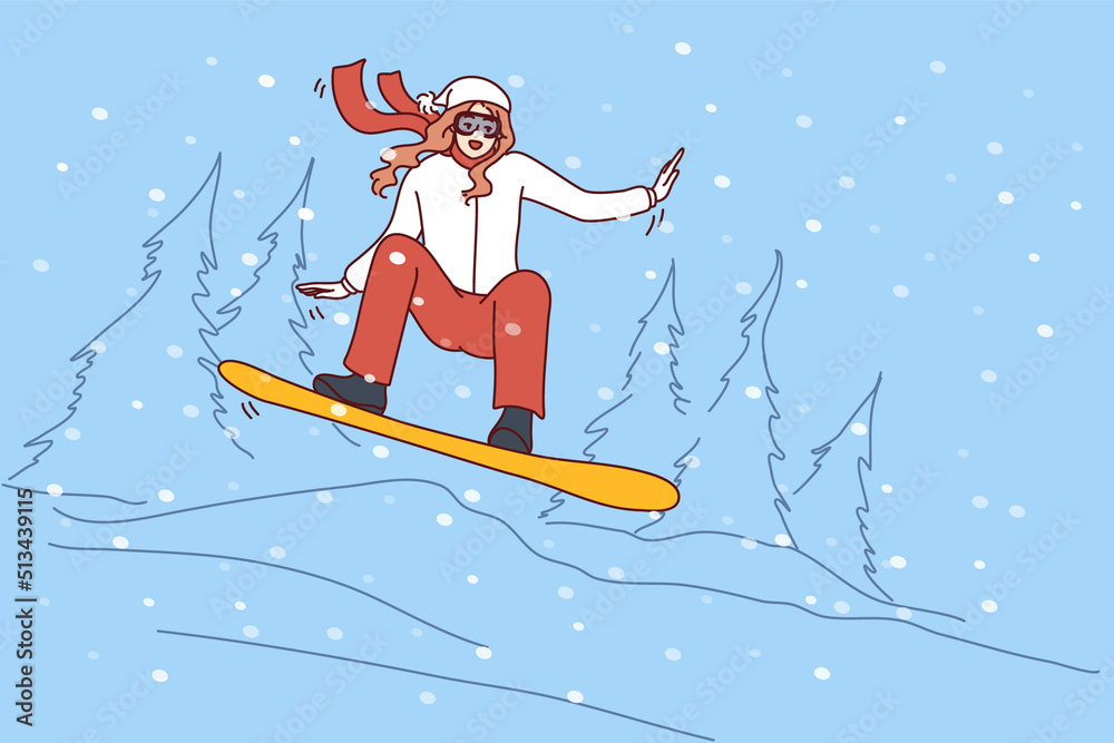 Happy active woman in outerwear snowboarding in mountains on holidays. Smiling girl enjoy winter physical activity. Sport and vacation. Vector illustration. 
