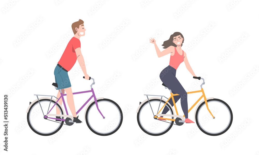 Smiling Man and Woman Riding Bicycle Enjoying Vacation or Weekend Activity Vector Illustration Set Smiling Man and Woman Riding Bicycle Enjoying Vacation or Weekend Activity Vector Illustration Set