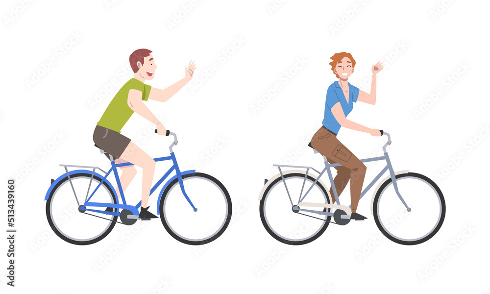 Smiling Man and Woman Riding Bicycle Enjoying Vacation or Weekend Activity Vector Illustration Set Smiling Man and Woman Riding Bicycle Enjoying Vacation or Weekend Activity Vector Illustration Set