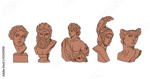 Terracotta antique Greek gods bust sculptures bundle, male heroes and gods vector silhouettes, ancient statues of men faces, hand drawn isolated clip art kit