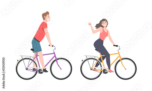Smiling Man and Woman Riding Bicycle Enjoying Vacation or Weekend Activity Vector Illustration Set