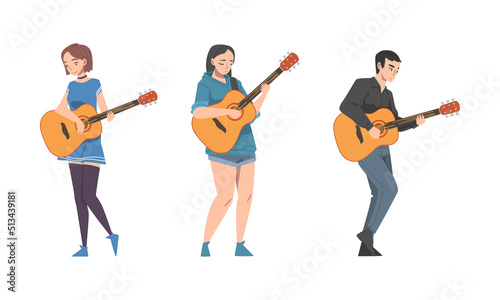 Young Man and Woman Musician Guitarist Character Playing Guitar Performing Street Concert Vector Set