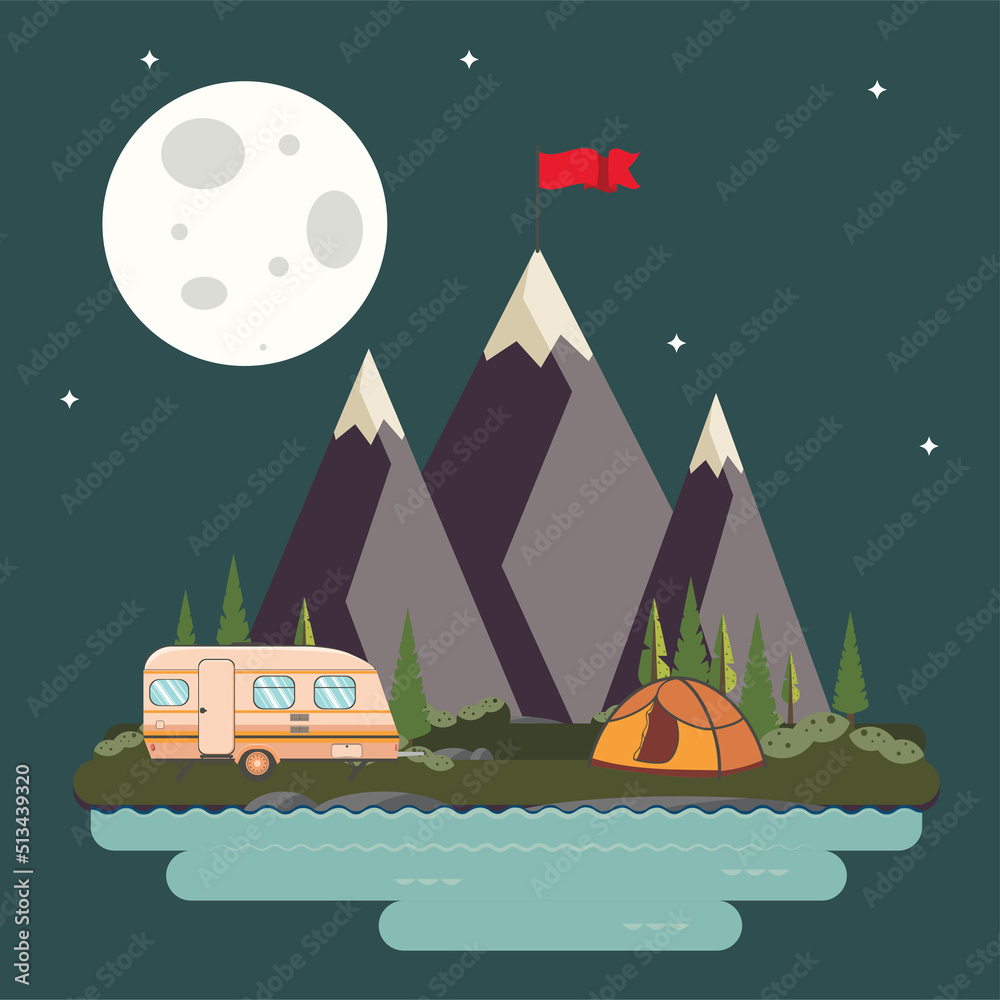 Obraz premium Mountains with red flag and camping tent