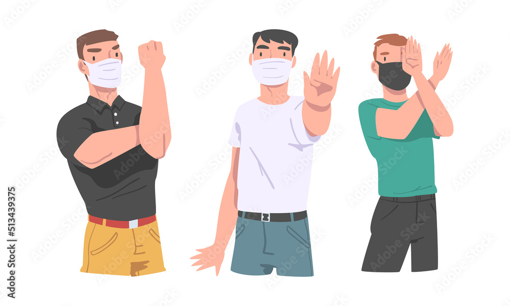 Man in Face Mask Showing Stop Virus Sign with Hand Vector Illustration Set