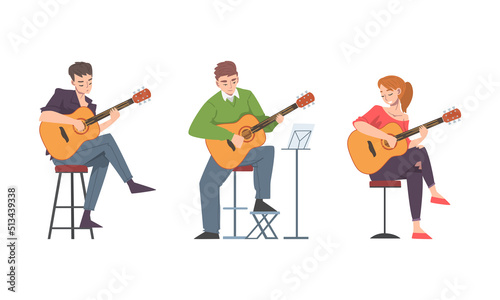 Young Man and Woman Musician Guitarist Character Playing Guitar Performing Street Concert Vector Set