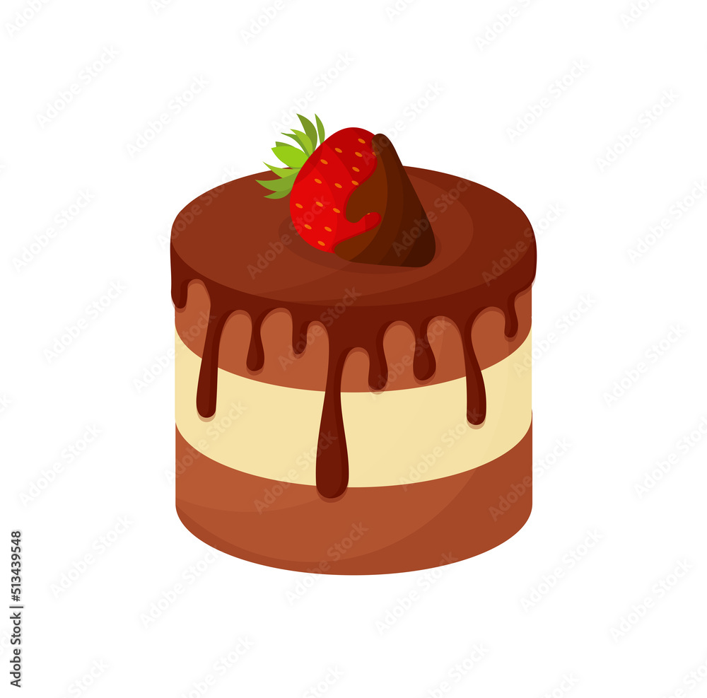Sweet chocolate cake vector illustration in flat style. Chocolate cake isolated vector on white background. Sweet chocolate cake vector illustration in flat style. Chocolate cake isolated vector on white background.