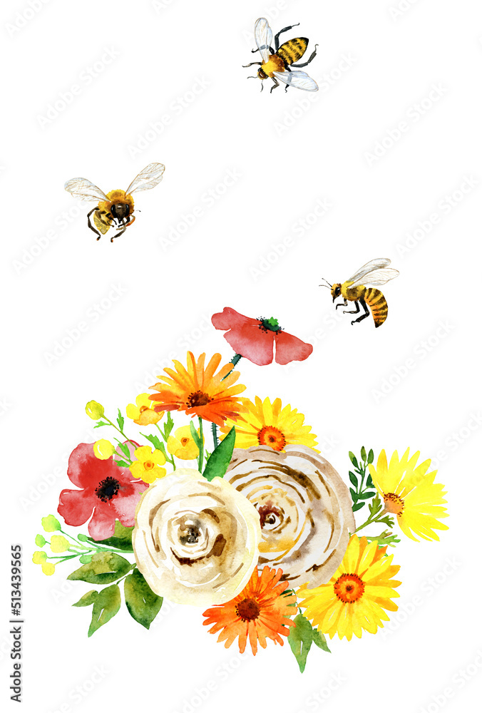 Watercolor wildflowers and bee bouquet. Rustic floral colorful blooming illustration isolated on white. Summer meadow, botanical bohemian wedding invitation, greeting, card, print
