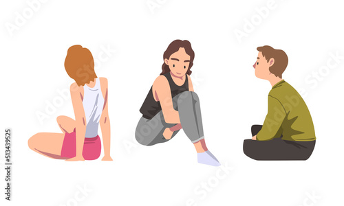 Man and Woman with Bended Knees Sitting on the Floor Feeling Calm Vector Set