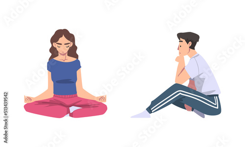 Man and Woman with Bended Knees Sitting on the Floor Feeling Calm Vector Set