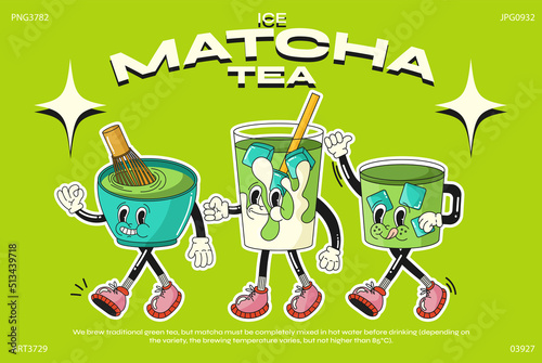 Cartoon characters matcha drink in retro style , doodle funny colorful characters, matcha green tea, matcha whisk, cold drink with ice. Vector illustration with typography elements