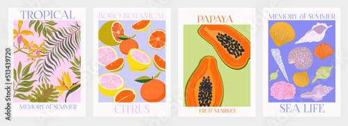 Collection of interior modern posters with summer scene. Editable Vector Illustration.
