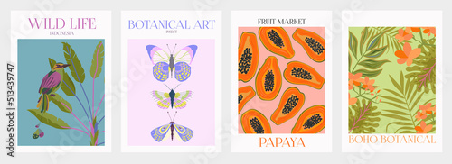 Collection of interior modern posters with summer scene. Editable Vector Illustration.
