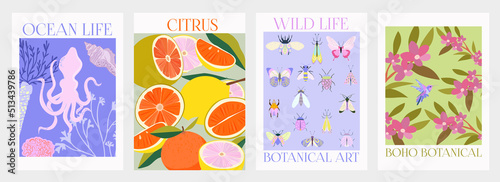 Collection of interior modern posters with summer scene. Editable Vector Illustration.