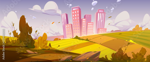 Autumn scene with fields and city on skyline in fall. Vector cartoon illustration of countryside landscape with farm lands, orange bushes, path and town at windy weather