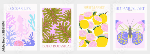 Collection of interior modern posters with summer scene. Editable Vector Illustration.