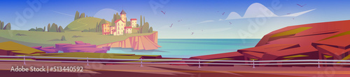 Mediterranean landscape with ancient buildings on hill at sea cliff view from the road. Summer panorama with town mountains and blue sky with clouds on horizon at coast, Cartoon vector illustration
