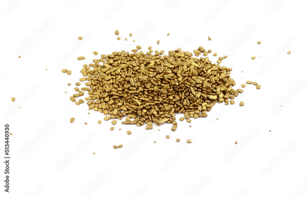 Gold sprinkles isolated on white background top view. Sweet brown glaze decoration or chocolate vermicelli Gold sprinkles isolated on white background top view. Sweet brown glaze decoration or chocolate vermicelli