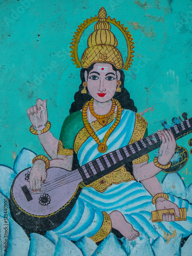 Ella, Sri Lanka - March 9, 2022: Drawing on the wall of the god Shiva in a Hindu temple