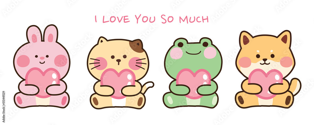 I love you so much  animal sit and hold heart on white   cartoon ,cat,frog,  . .Illustration. Stock  Vector | Adobe Stock