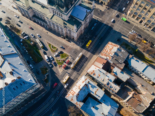 overhead view of Lviv city traffic