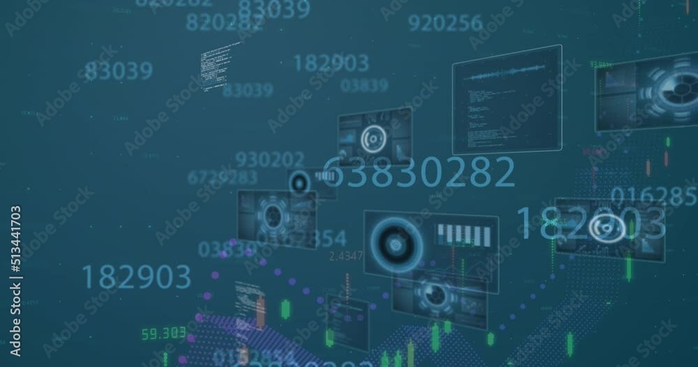 Animation of data processing and numbers on blue digital screens