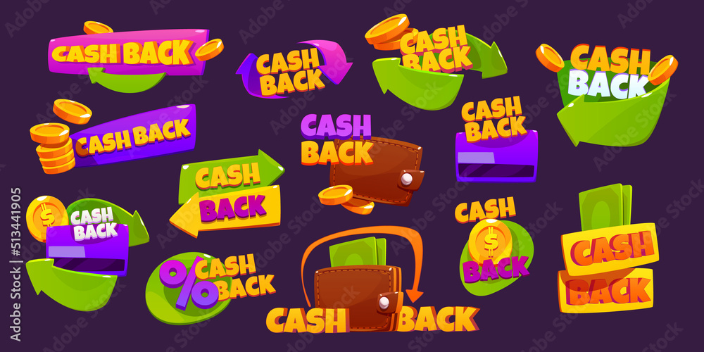 Icons of cash back offers. Concept of refund money after buy. Vector cartoon set of stickers, promotion banners of cashback with gold coins, arrows, wallet and credit card Icons of cash back offers. Concept of refund money after buy. Vector cartoon set of stickers, promotion banners of cashback with gold coins, arrows, wallet and credit card