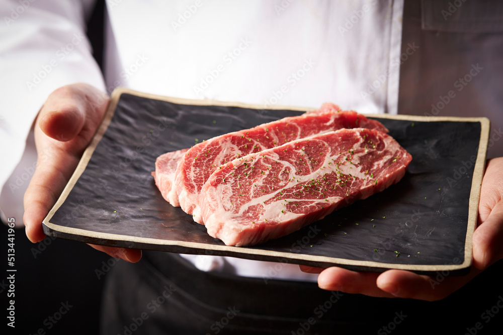 Chef holding fresh raw meat on plate	