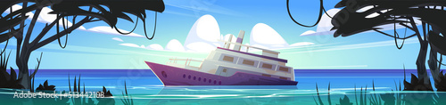 Sunken cruise ship in ocean harbor near tropical island with lianas and trees. Beautiful summer landscape with old passenger liner sinking in sea water after shipwreck, Cartoon vector illustration