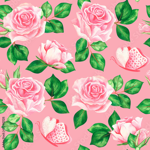 Pattern with pink roses. Watercolor vintage illustration. Isolated on a pink background.