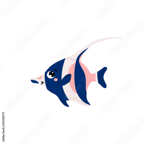 Cute angelfish with cartoon smiling face, flat vector illustration isolated on white background.