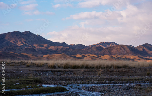 The amazing desert landscape background. Beautiful landscape of desert mountains. Monolithic colorful mountains in the central area of the desert. Dry grass and small river. Cloudy sky.