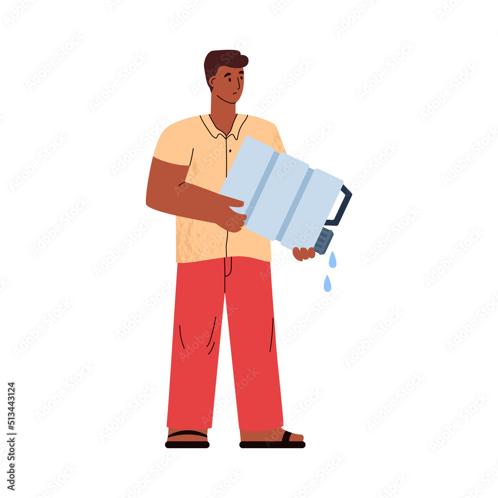 Thirsty man with empty bottle of drinking water, water scarcity concept - flat vector illustration isolated on white. Thirsty man with empty bottle of drinking water, water scarcity concept - flat vector illustration isolated on white.