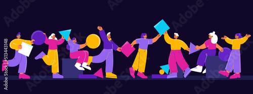 Teamwork cooperation, collaboration, collective work, partnership concept. Businesspeople, office employees group with colorful geometric shapes working together Line art flat vector illustration