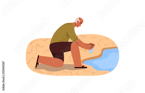 Man drinking water from puddle or river, drought soil - flat vector illustration isolated on white background.