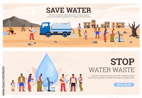 Water waste and scarcity posters set, flat vector illustration.