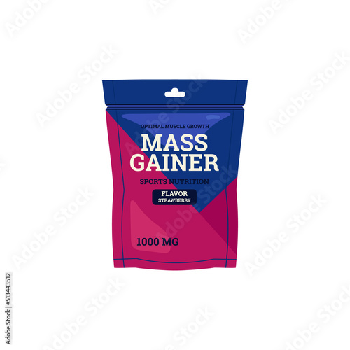 Mass gainer supplement in plastic jar, flat vector illustration isolated.