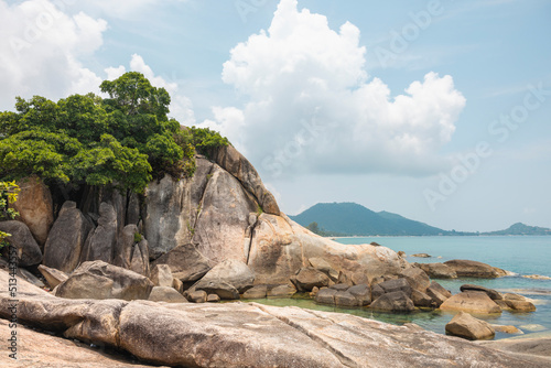 Sea landscape with rocks in the foreground and sky in the background. Therapeutic natural scenery gives a feeling of relaxation. At Koh Samui, Surat Thani Province, Thailand
