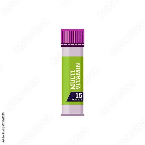 Multivitamin complex supplement in container, flat vector illustration isolated.