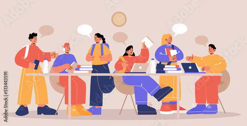 Students with books and laptops study at desk. School, college or university pupils girls and boys teenagers communicate, chat, prepare for exams. Classmates studying Line art flat vector illustration