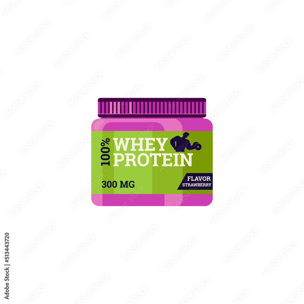 Pink plastic bottle with whey protein, green label flat style