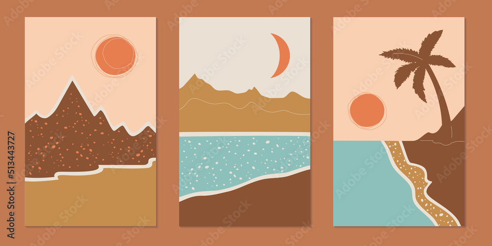 Mountain and sea wall art vector set. Terracotta tones landscapes, modern wallpaper. Middle East backgrounds collection with sky, sand, palm, moon or sun. Vector illustration, posters