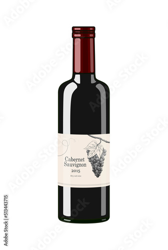 Red wine bottle with vintage style label, flat style vector illustration isolated on white background