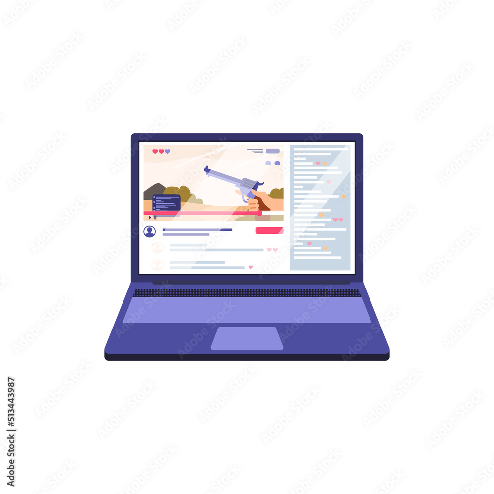Gaming laptop computer with game on monitor, flat vector illustration isolated. Gaming laptop computer with game on monitor, flat vector illustration isolated.