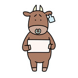 メッセージボードを持った悲しい表情の茶色い牛のイラスト
