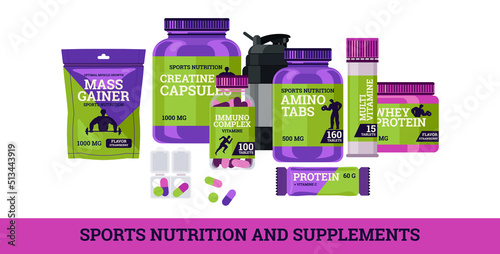 Sports nutrition and supplements in jars, flat vector illustration isolated .