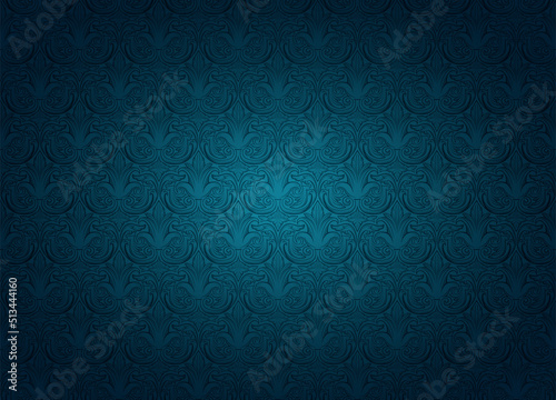 Royal, vintage, Gothic horizontal background in dark cyan, blue with a classic antique ornament, Rococo. Vector illustration