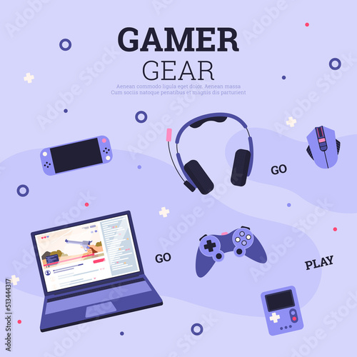 Gamer gear banner with gadgets for computer and VR games, vector illustration.