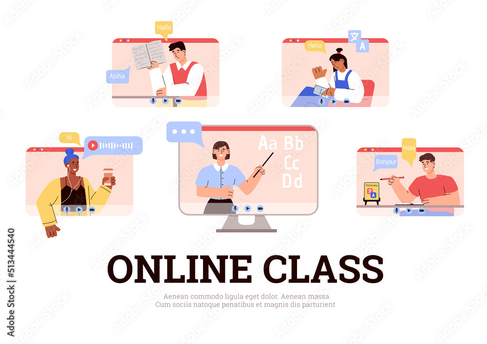 Online language class with students and tutor flat vector illustration isolated.